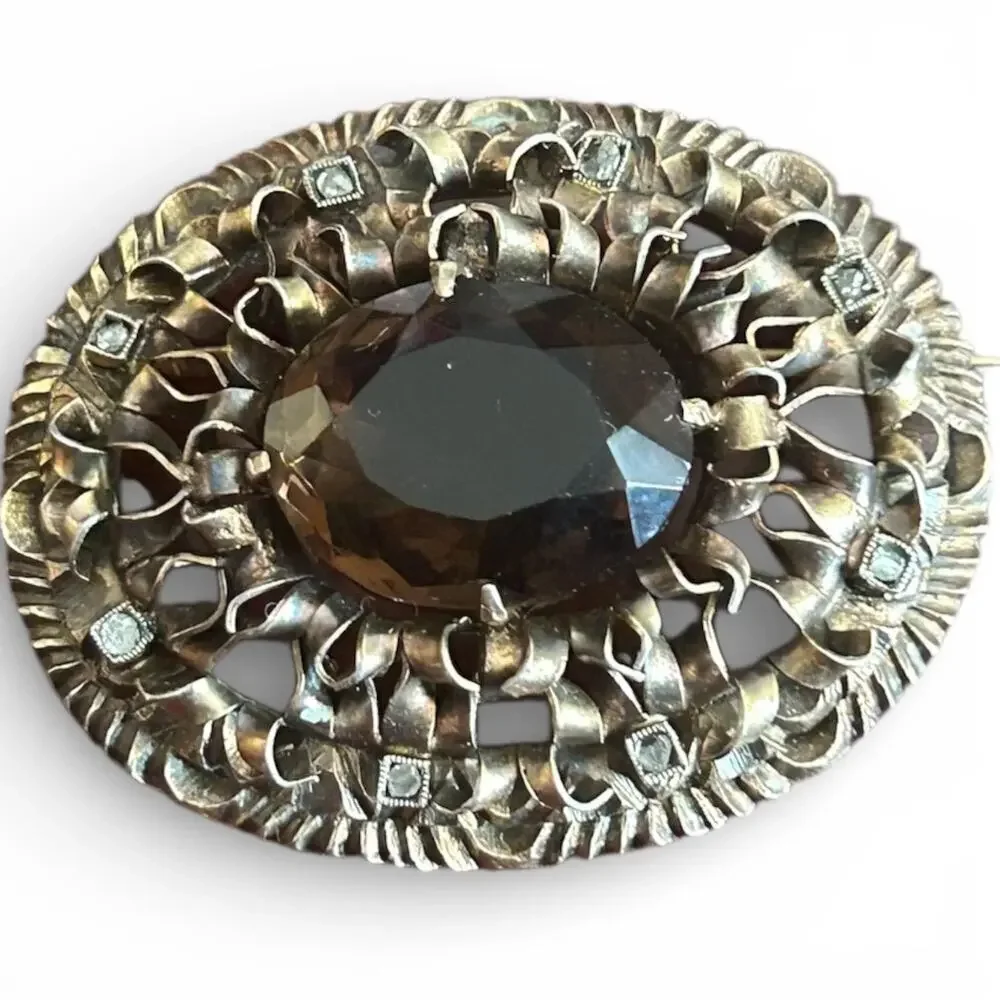 Victorian Smoky Glass Brooch – Gold Tone Openwork, Paste Accents